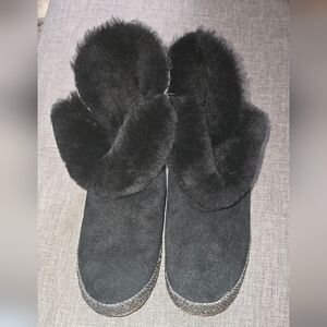 UGG Garnet Black Suede Fur-Trim Slip-On Slippers